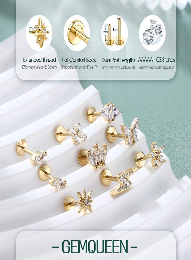 GEMQUEEN أقراط GEMQUEEN من التيتانيوم النقي، ذات ظهر مسطح، مطلية بالذهب عيار 14 قيراط، مضادة للحساسية، 3 قطع، مقاس 18G، بخيط داخلي، مناسبة لثقب الزنمة، الصدفة، الحلزون، الشفة، مجوهرات ثقب الأذن الحساسة للنساء والرجال، مرصعة بحجر زركونيا مكعب من الدرجة 5A - Image 5